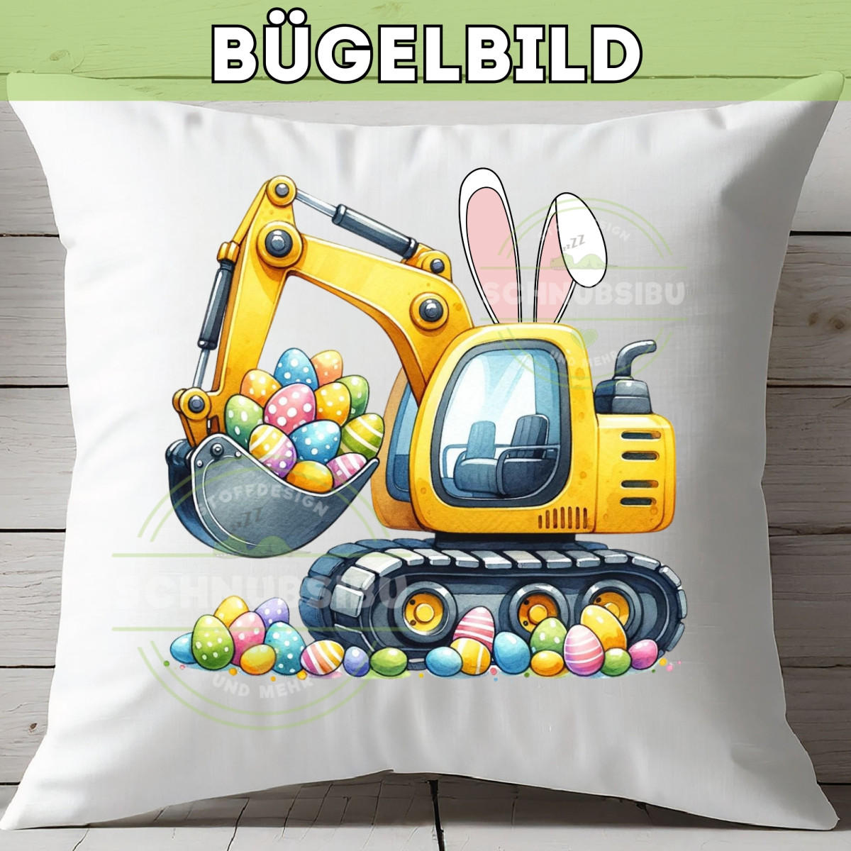 Bügelbild Bagger Ostern gelb